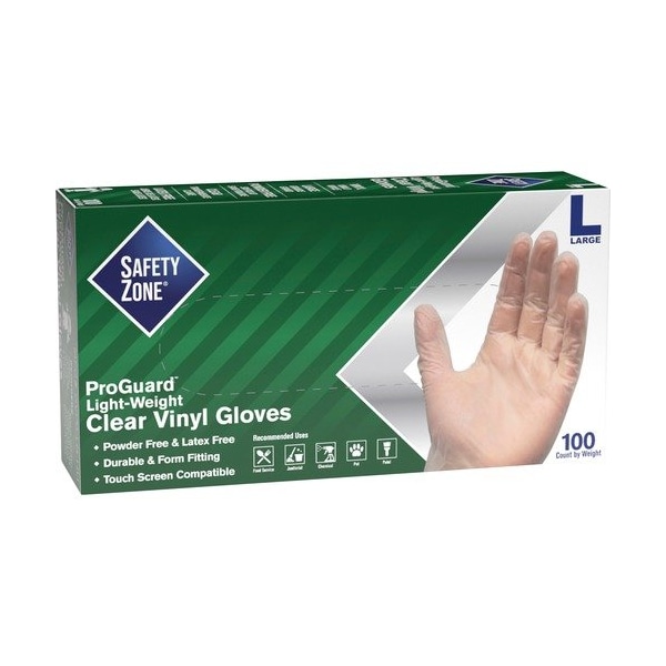Safety Zone GVP9-HH, Disposable Gloves, 3.0 mil Palm, Vinyl, Powder-Free, L, 100 PK, Clear SZNGVP9LGHH - main